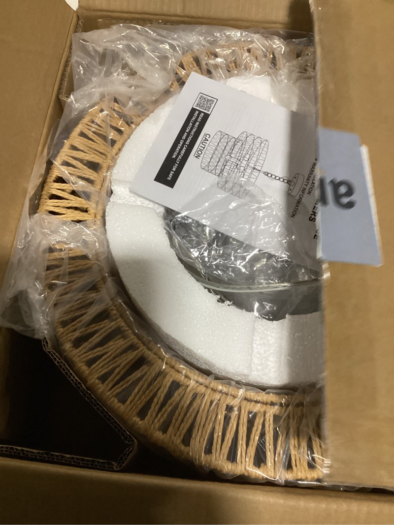 Condition photo showing As Is for 17.8" Boho Rattan Chandelier Light Fixtures, 4-Light Rattan Pendant Light with 2-Tier Wicker Shade, Farmhouse Rattan Hanging Light Fixture Chandelier for Dining Room, Living Room, Kitchen Island