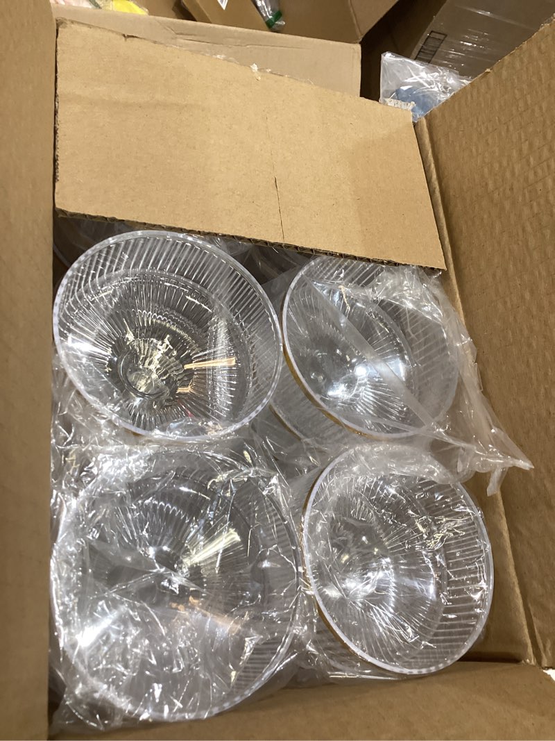 Condition photo showing New/Like New for 30 pack clear champagne tower glasses 7oz plastic martini glasses champagne coupe glass cocktail glass with gold rim champagne flutes stackable stemmed coupe glass for weddings birthday party 30 clear