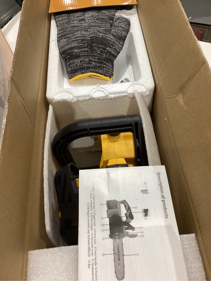 Condition photo showing Good Condition for 12-inch cordless electric brushless chainsaw compatible with dewalt 18-20v batteries, high-power 20v cordless chainsaw for wood cutting, tree trimming and yard garden maintenance(no battery included) yellow
