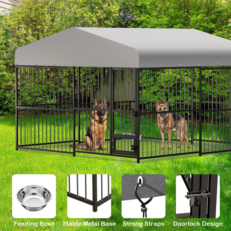 Large Outdoor Dog Kennel, Heavy Duty Dog Cage with Roof, Dog Kennel Galvanized Iron Dog House with Safety Locks,UV & Water Resistant Proof Cover, for Garden Backyard Black (10x10x6FT)