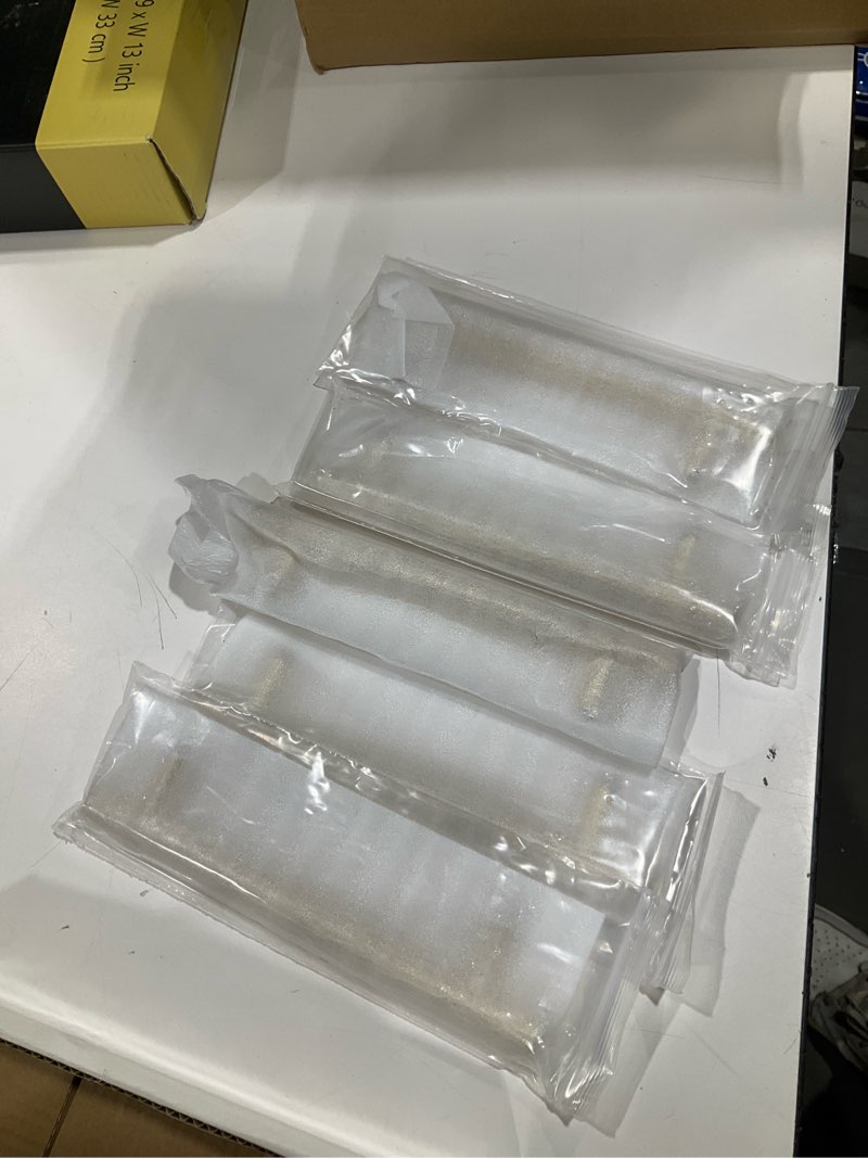 Condition photo showing As Is for 6-Pack Solid Brass Kitchen Cabinet Pulls, Gold Modern T-Bar Handles, 5-Inch Hole Center Hammered Handles for Dresser Drawer Cupboard, 6-7/8 Inch Total Length, Polished Finish 6 5 Inch(128mm) Hole Centers