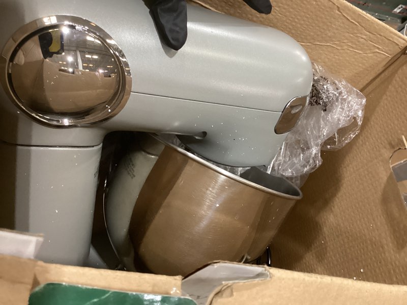 Condition photo showing As Is for Cuisinart Stand Mixer, 12 Speeds, 5.5-Quart Mixing Bowl, Chef's Whisk, Flat Mixing Paddle, Dough Hook, and Splash Guard with Pour Spout, Silver Lining, SM-50BC, Silver Lining Manual Silver Lining 5.5 Qt Stand Mixer