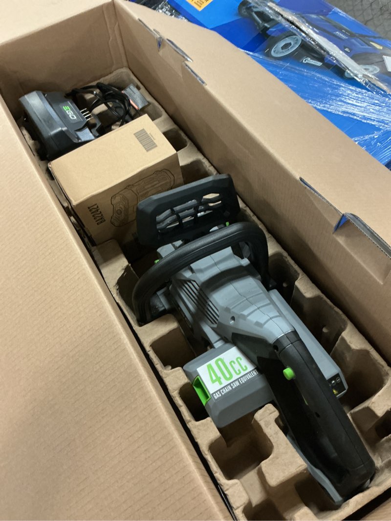 Condition photo showing As Is for ego 56-volt 16-in battery 2.5 ah chainsaw (battery and charger included)