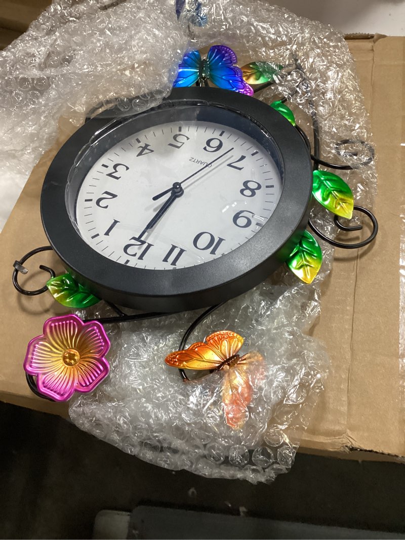 Condition photo showing Good Condition for outdoor clock with butterfly and flowers, butterflies outdoor wall clock waterproof, silent no-ticking outdoor clocks for patio, living room, kitchen, garden
