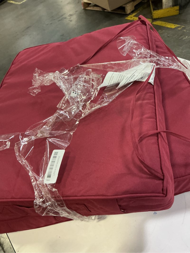 Condition photo showing As Is for cozyide 22x22 outdoor cushions for patio furniture, waterproof outdoor chair cushions with non-slip ties and handle, washable deep seat cushions for outdoor furniture with removable cover, burgundy burgundy 22x22x3