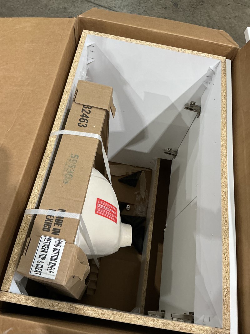 Condition photo showing As Is for project source 30-in white single sink bathroom vanity with white cultured marble top