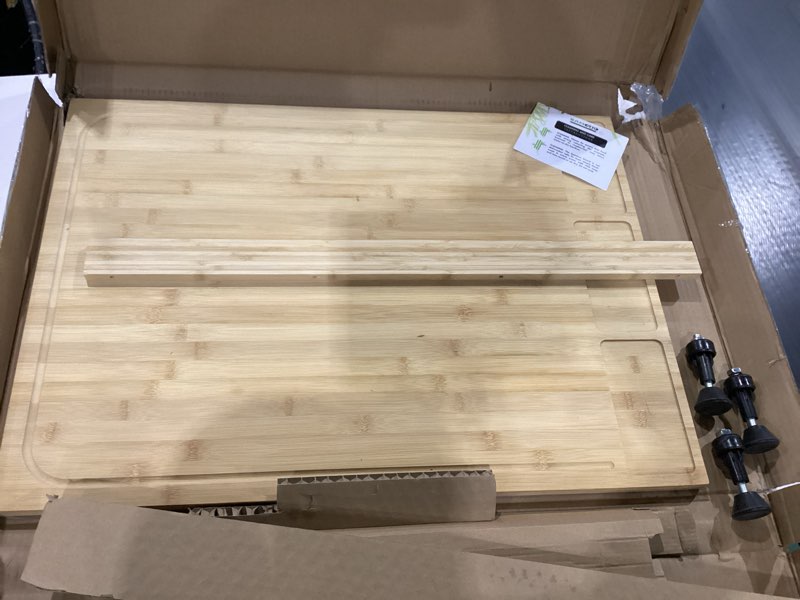 Condition photo showing As Is for 30 x 21 in Extra Large Bamboo Cutting Board, Stovetop Cover, Sink Cover, Noodle Board with Detachable Legs & Detachable Non-Slip Front Lip for Kitchen Countertop Natural color of bamboo - XXXL 30"L x 21"W