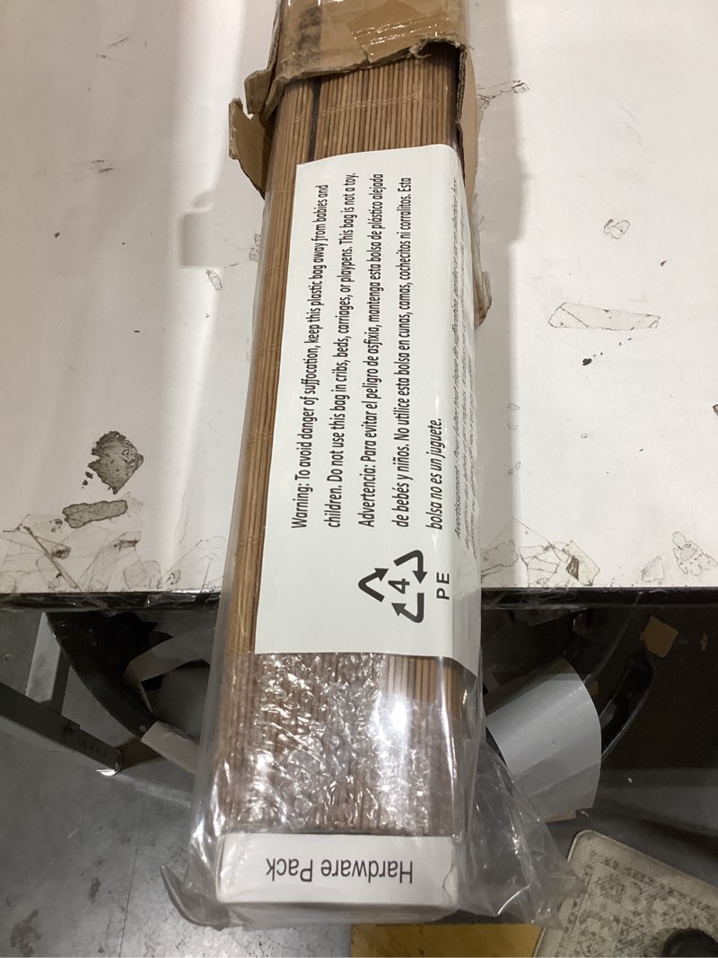Condition photo showing New/Like New for mood bamboo shades | rustic | cordless bamboo roman shades for windows and doors (natural woven) | rustic walnut express (great privacy) | 58" w x 48" h rustic walnut express 58"w x 48"h