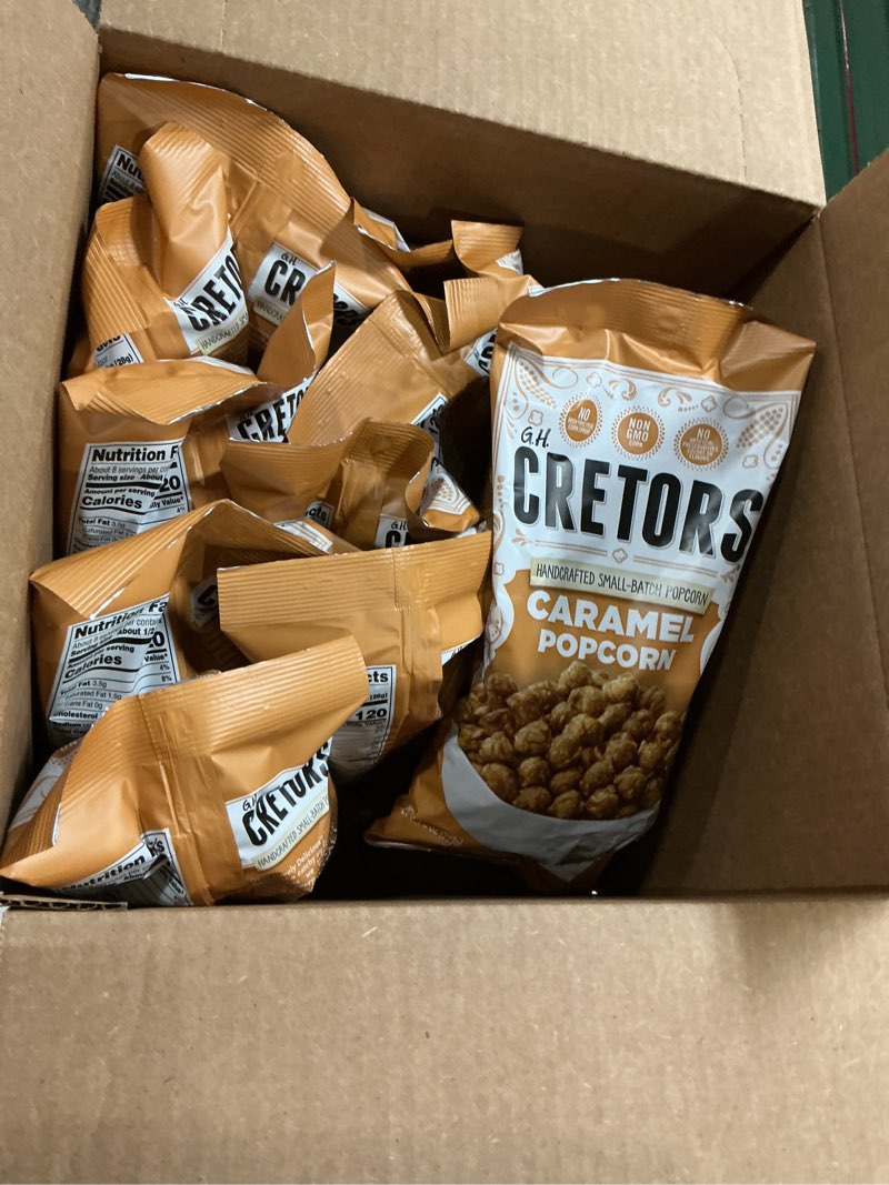 Condition photo showing New/Like New for (best by september 08/26)g.h. cretors popcorn, caramel flavor popcorn (12 pack - 8.0 oz each) 12 pack 8 ounce (pack of 12)