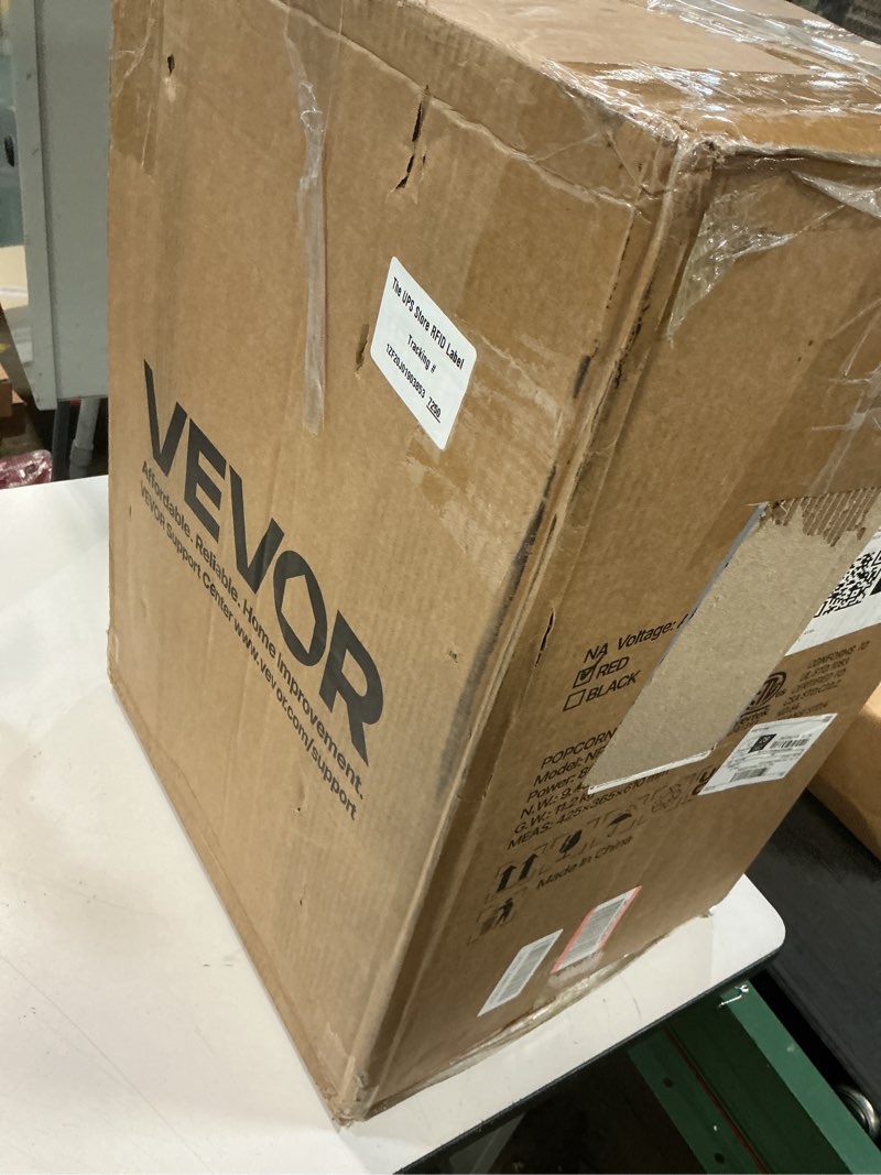 Condition photo showing Good Condition for vevor popcorn machine, 8oz stainless steel kettle, 800w commercial countertop popcorn maker, 48 cups per batch theater style popper, with 2-button control glass wall pc door 1 scoop 3 spoons, red