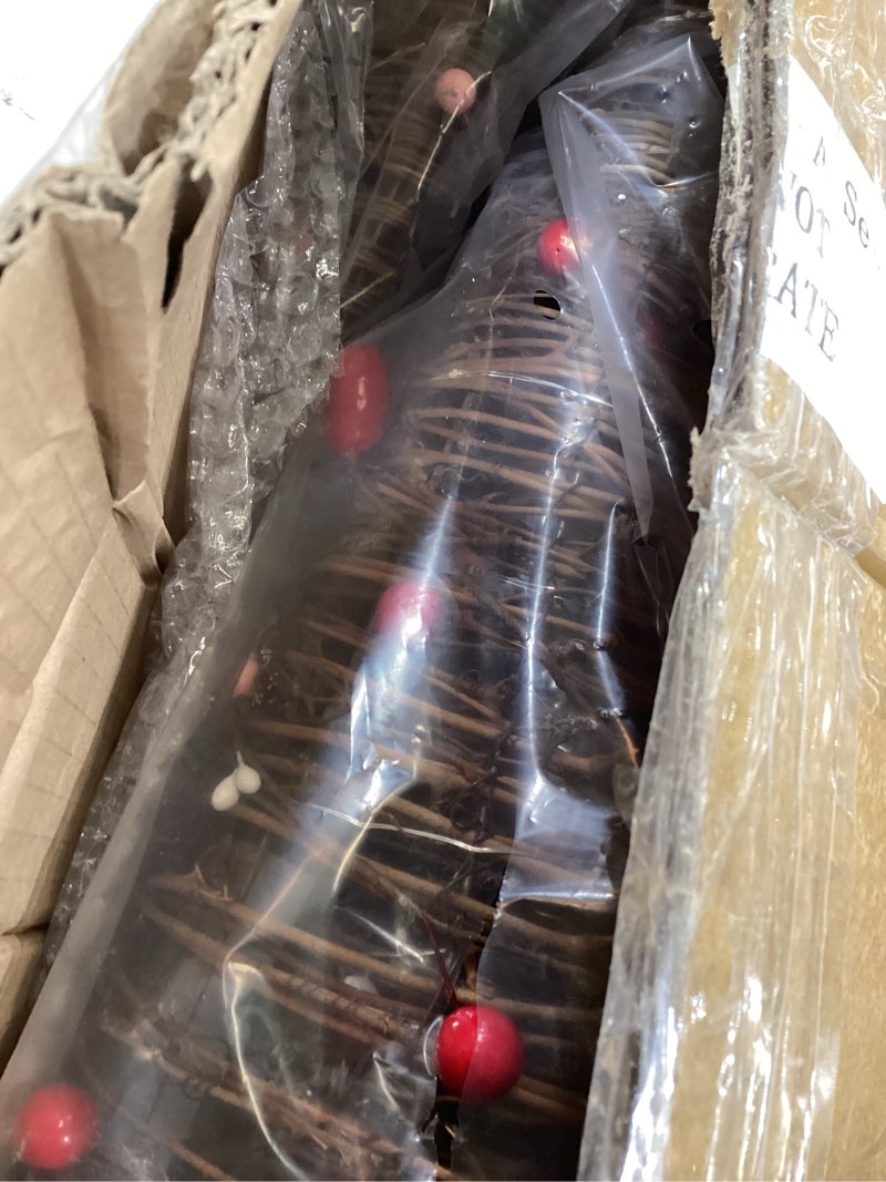 Condition photo showing As Is for Jenaai 3 Lighted Valentine's Rattan Table Tree - 24'' 16'' 12'' Rattan Cone Trees with Berries Heart Pre-lit Romantic Decoration with LED Lights & Metal Frame for Home, Porch, Table Centerpiece Decor Brown and Red Valentine's Day