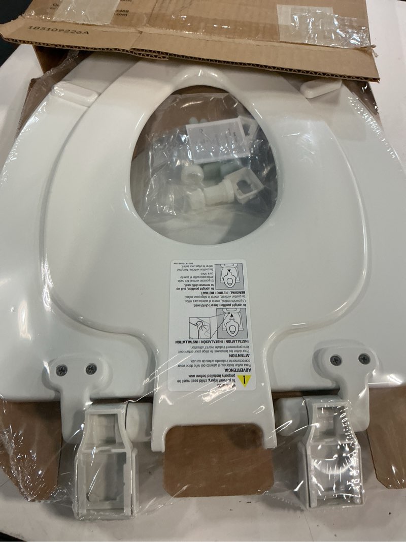 Condition photo showing New/Like New for mayfair nextstep2 toilet seat with toddler potty training seat built-in, slow close, easy clean, magnetic removable kids seat, made in usa, elongated, white