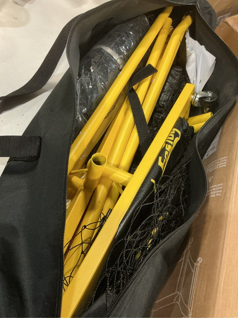 Condition photo showing As Is for fostoy portable pickleball net set with wheels, regulation size 22 ft & half court 11 ft, steady metal frame pickle ball net set system with carry bag for backyards, driveways, and garages black&yellow