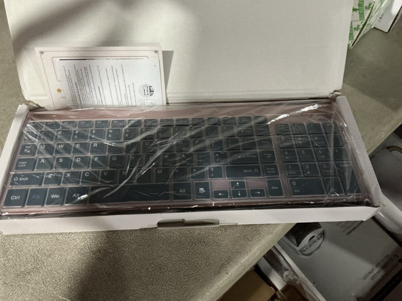 Condition photo showing New/Like New for Wireless Keyboard and Mouse Ultra Slim Combo, TopMate 2.4G Silent Compact USB 2400DPI Mouse and Scissor Switch Keyboard Set with Cover, Batteries Included, for PC/Laptop/Windows/Mac - Rose Gold Black