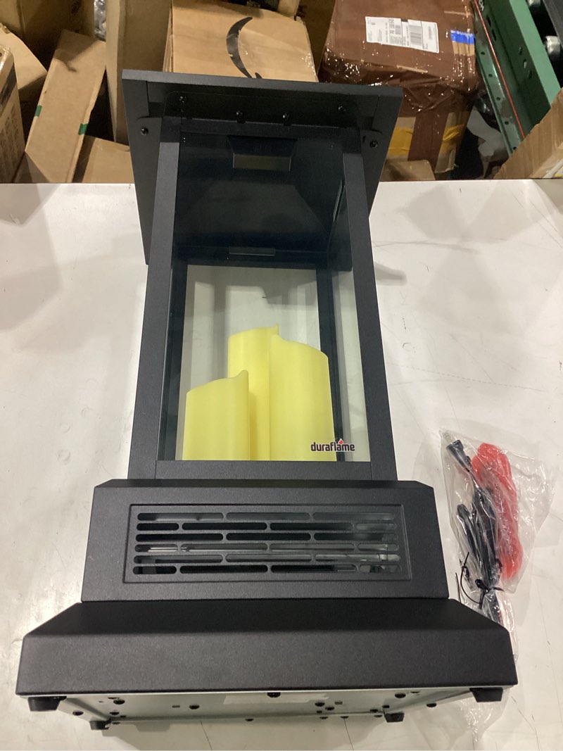 Condition photo showing As Is for damaged 28 in. electric lantern with infrared heat and remote control in black