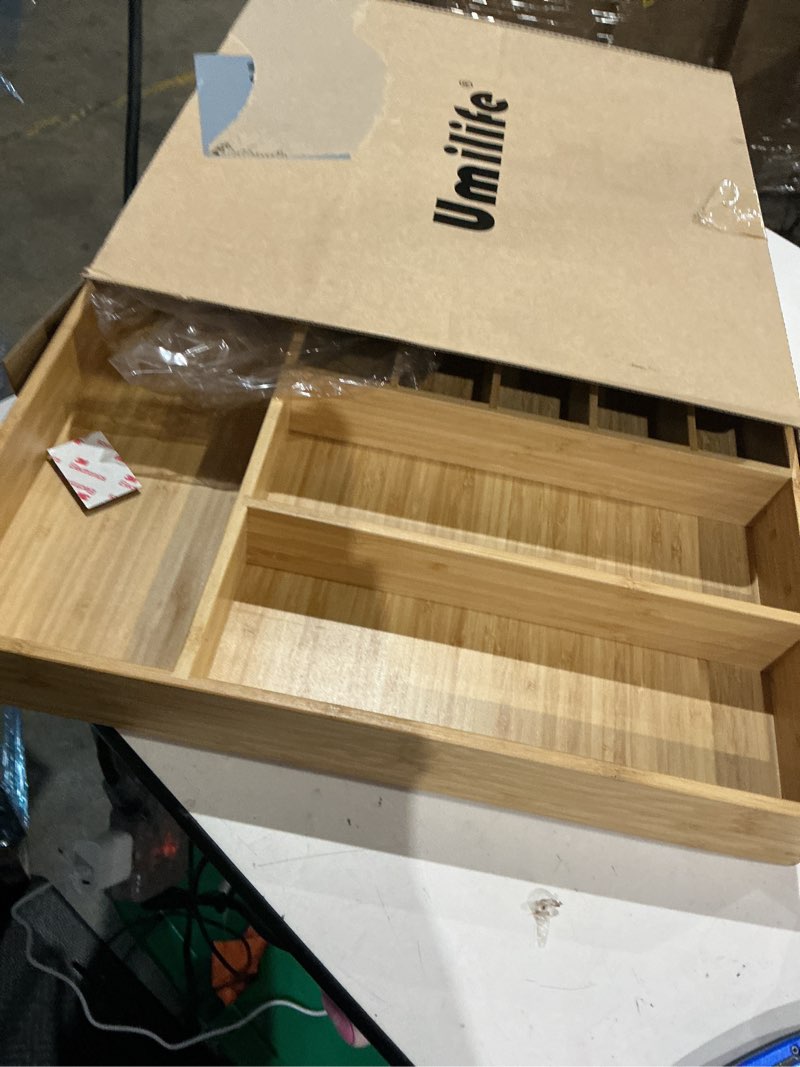 Condition photo showing Good Condition for umilife large kitchen drawer organizer, 19"x20" silverware utensils organizer, 2.5" high for large deep drawers, bamboo flatware holder with thick frames, sturdy kitchen organization tray