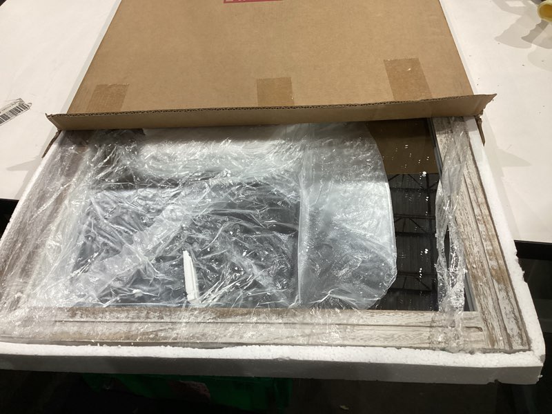 Condition photo showing Good Condition for aazzkang large wall mirrors with rustic wood framed 28"x20" rectangle decorative hanging mirror for farmhouse bedroom bathroom living room entryway 28"l x 20"w a-rustic white