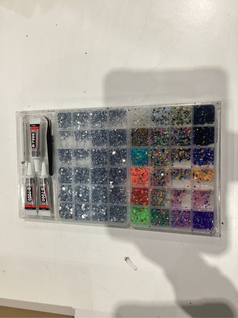 Condition photo showing New/Like New for 2 Boxes Rhinestones for Bedazzling Kits, Multicolor 3mm & Silver Clear 2/3/4/5/6mm Resin Flatback Gems for Diamond Art, Bedazzler Kit with 3Pcs 10ml B7000 Jewelry Glue for DIY Crafting Crafts Decor