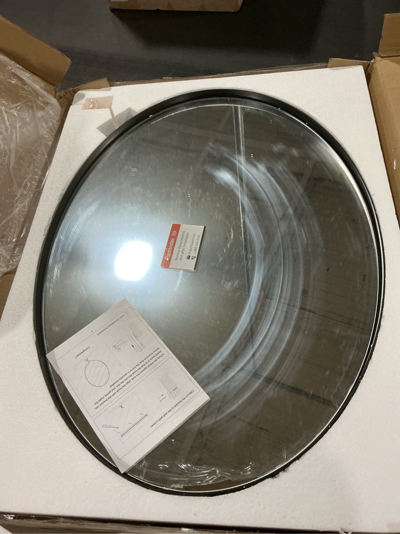 Condition photo showing As Is for Black Round Mirror, Round Mirror 24 inch, Black Circle Mirrors Metal Frame, Wall Mounted Mirrors for Living Room, Bathroom, Wall, Entryway, Rustic. Black 24"L x 24"W