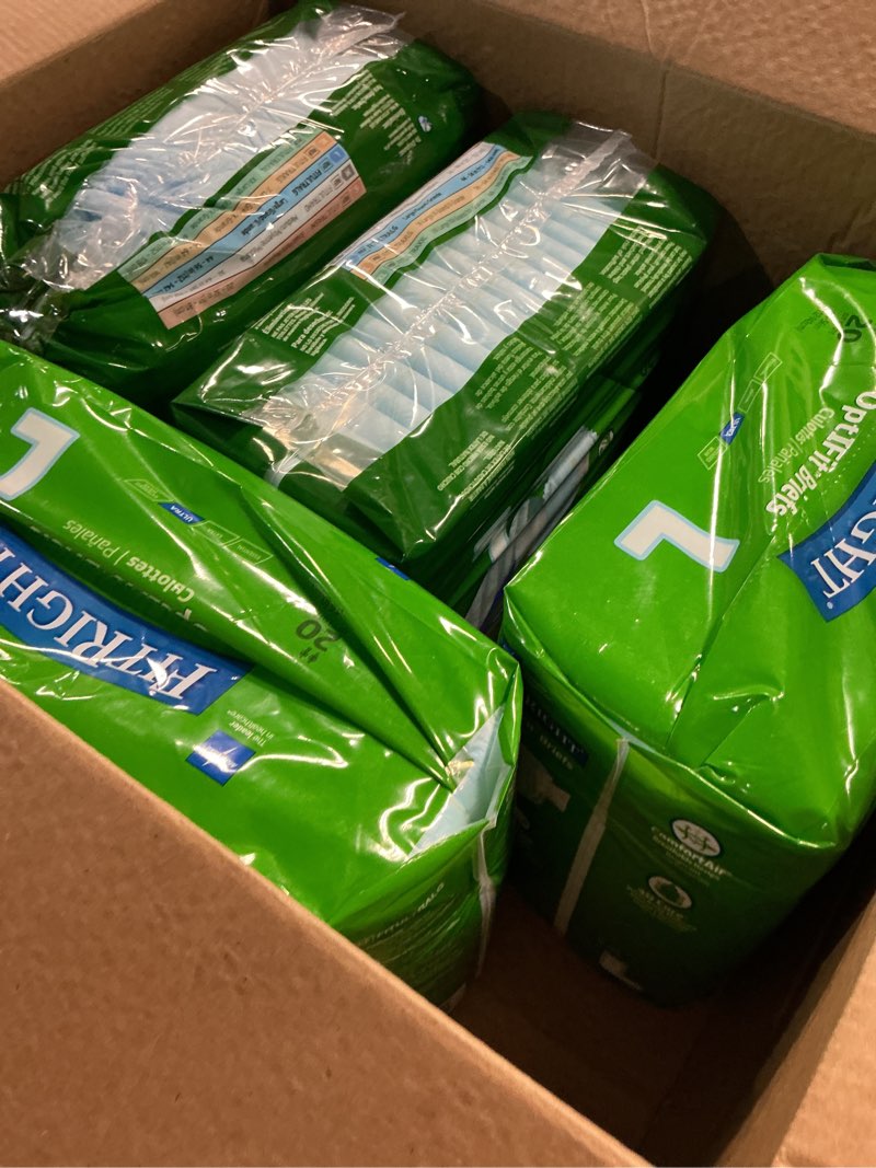 Condition photo showing Good Condition for fitright ultra heavy absorbency adult diapers for men & women, waist size: large 44-56 inches, optifit incontinence disposable briefs with leak protection for seniors, 80 count large 80 count