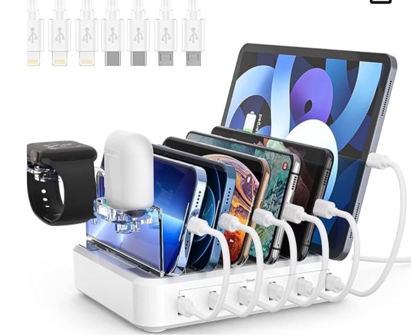 Charging Station for Multiple Devices,68W 6 Ports USB Charger Station with 20W PD USB-C Fast Charging,8 Cables Compatible with Cellphone,Tablet, Kindle, Apple Watch and More A Black