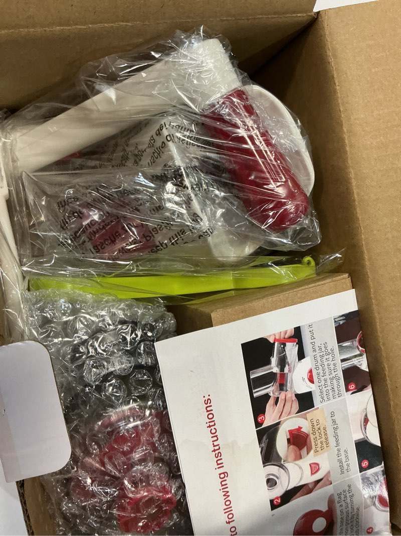 Condition photo showing New/Like New for ourokhome rotary cheese grater shredder- 3 drum bladea manual slicer nut grinder with vegetable peeler and cleaning brush (white red)