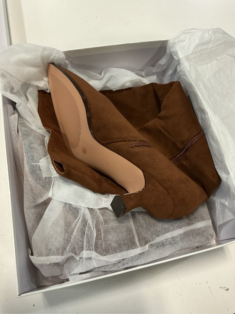 Condition photo showing Good Condition for modatope knee high boots kitten low heel faux leather pointed toe side zipper fall long tall boots for women 9.5 brown suede