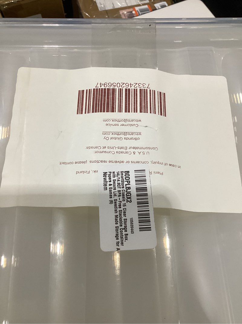 Condition photo showing As Is for SmartStore Classic 2 Clear Box Storage, 2L/2.1QT BPA-Free Stackable Container with Clip Lock Lid, Food Safe Plastic Bins for Organization, 10 Pack 2 Qt. (10 Pack)