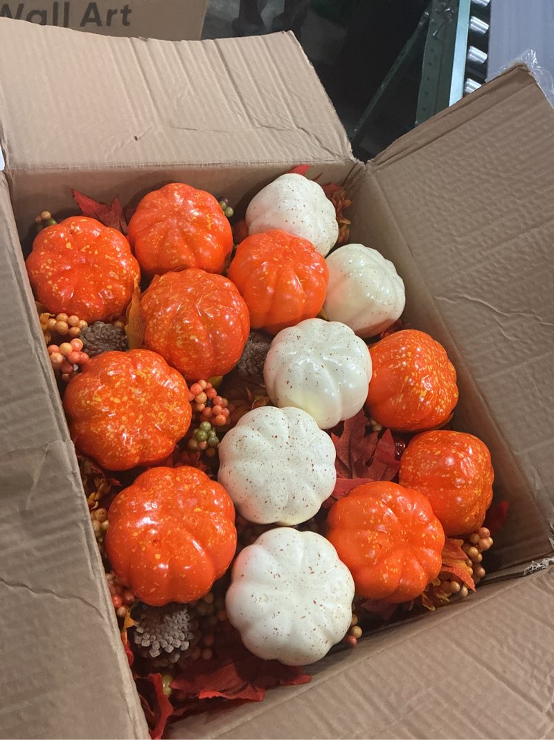 Condition photo showing Good Condition for Crowye 30 Pack Fall Centerpieces Artificial Pumpkin Flowers Fall Decorations for Home Topped Artificial Sunflowers Berry and Maple Fall Leaves Pine Cones Fake Pumpkins for Halloween Thanksgiving