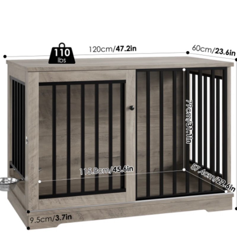 47.2''W Sturdy Large Dog Crate Furniture with 2 Feeding Bowls