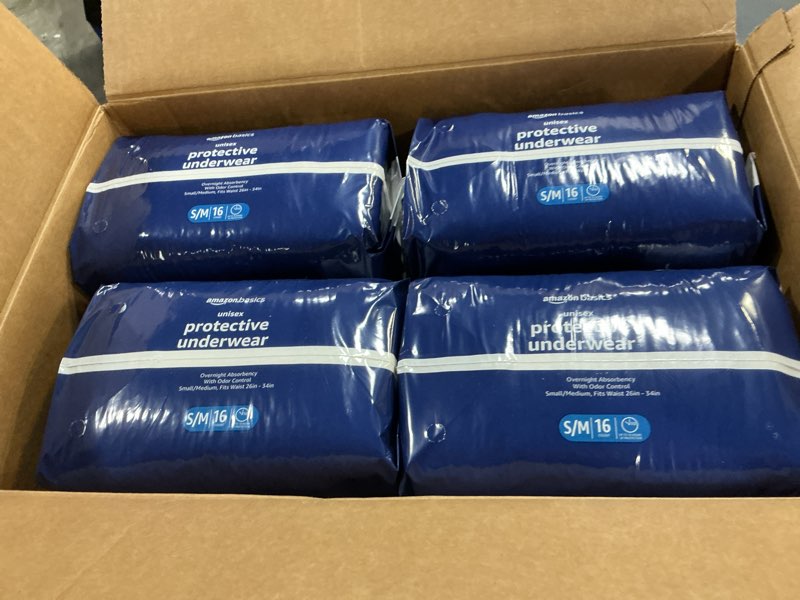 Condition photo showing New/Like New for amazon basics unisex protective underwear, overnight absorbency, small/medium, 64 count, (4 packs of 16) small/medium 64.0