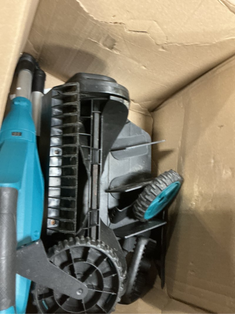 Condition photo showing As Is for cordless snow shovel with wheels, 16 inch | 4.5ah brushless electric snow blower, battery snow thrower with directional plate & lcd display, 30ft throw, 600lbs/m (2xbattery & quick charger included) 16-inch blue