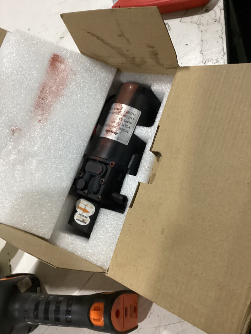 Condition photo showing As Is for bayite 12v dc water transfer pump with 2 hose clamps 12 volt diaphragm pump self priming sprayer pump with pressure switch 4.5 l/min 1.2 gpm 80 psi for weed atv marine boat