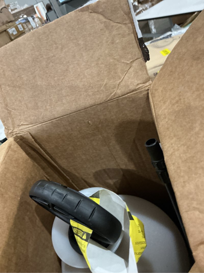 Condition photo showing As Is for chapin usa 20005 pump sprayer, 2 gallon, lawn and garden, hand pressurized, anti-clog filter, adjustable spray nozzle, spraying plants, watering, weeds, fertilizer and pests, translucent 2-gallon sprayer