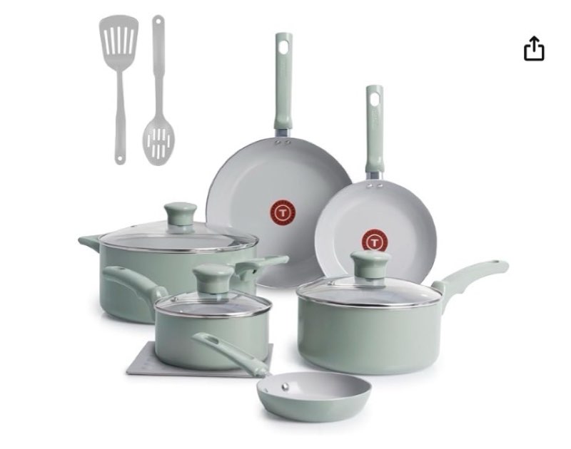 T-Fal Refresh Ceramic Nonstick Cookware Set, Oven Safe Up to 350ºF, 12-Piece, Includes Stockpot, Gri