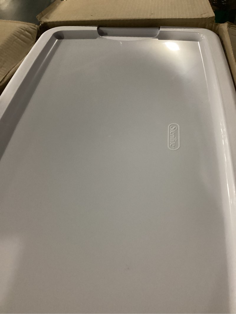 Condition photo showing New/Like New for Sterilite 10-Pack Storage Box, Stackable Clear Plastic Bins with Snap-On Lids, 28 Quart - Heavy-Duty Organizing Containers for Closet, Bathroom, and Office