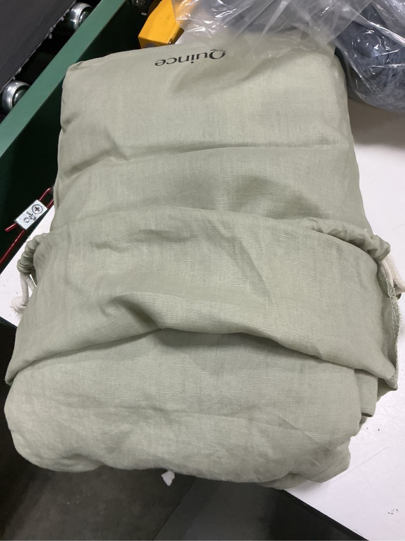 Condition photo showing As Is for quince european linen sheet set king, color willowleaf 