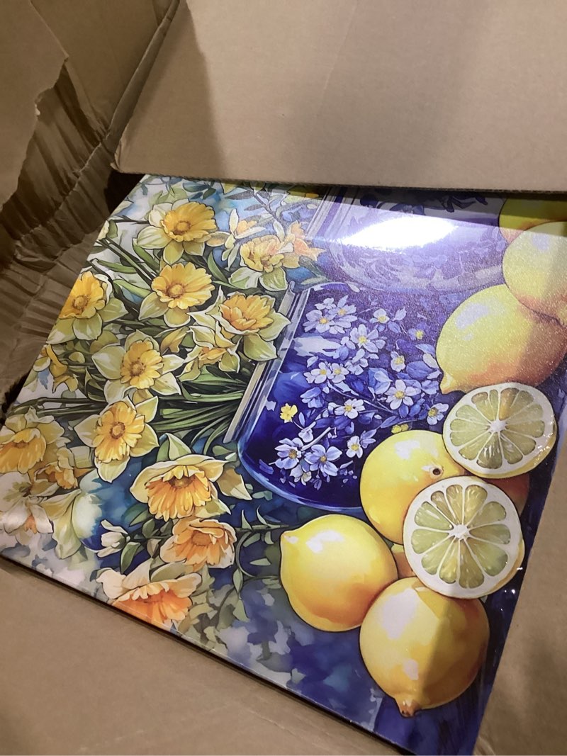 Condition photo showing Good Condition for chaosetken lemon kitchen wall art yellow lemon with flowers pictures vintage citrus fruit canvas prints blue pottery classical paintings still life artwork decor frame (16l x 24w) 16"l x 24"w