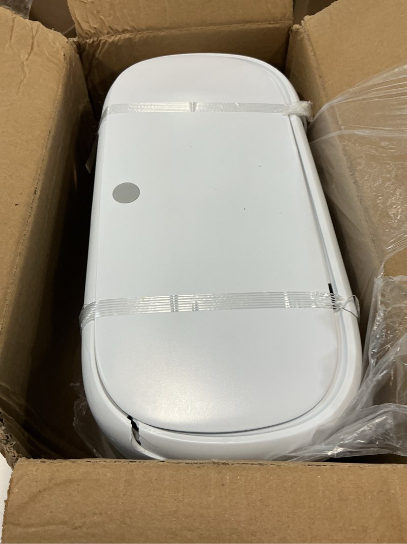 Condition photo showing As Is for funest bathroom trash can, 3.3 gallon slim trash can with lid, adsorption garbage can with press-top lid, small white narrow plastic trash bin for bathroom, office, bedroom, living room