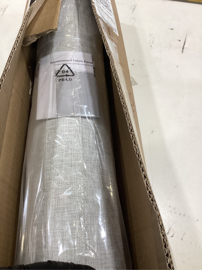 Condition photo showing Good Condition for 4-panel replacement fabric for sliding panel track blinds – 23" w x 96" l – fabric only – pre-attached hook & loop fasteners – trimmable, no bottom rail included, room darkening - grey-white