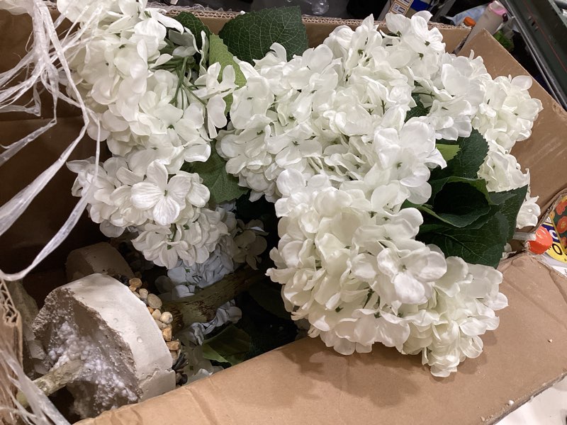 Condition photo showing As Is for artificial hydrangea tree 2 pack, 3ft faux hydrangea plant in pot with white flowers, greenery potted plant for indoor outdoor office home porch decor, white hydrangea white 3ft