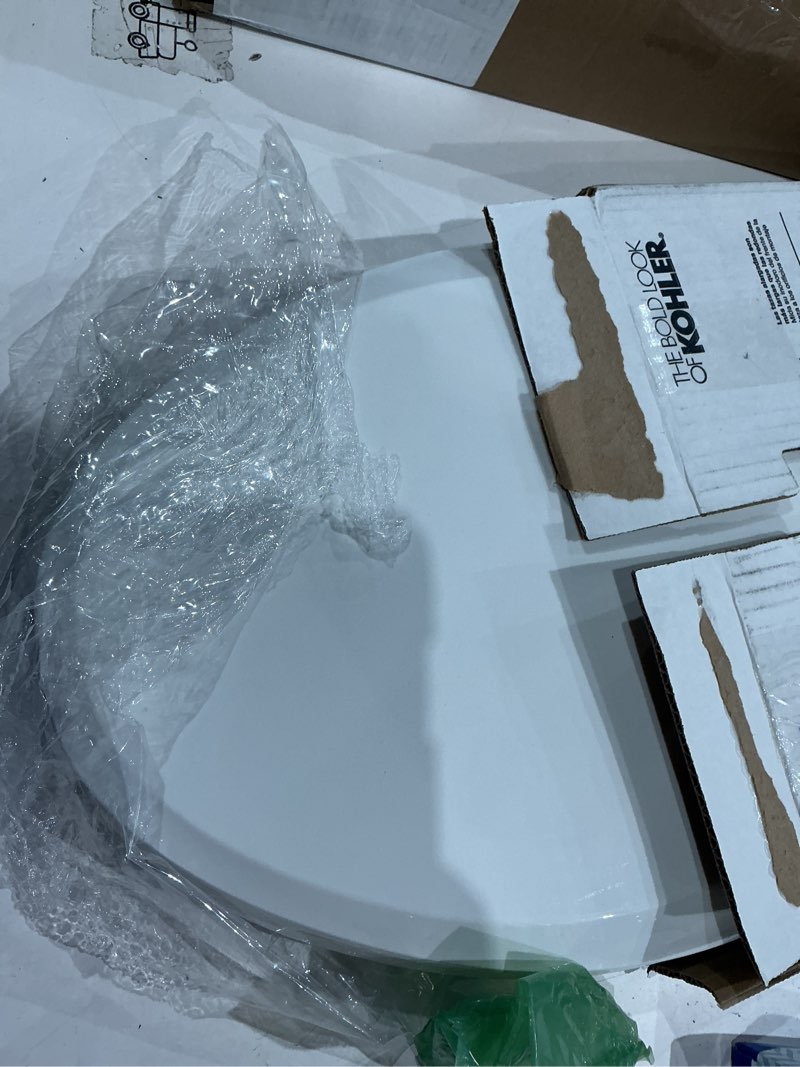 Condition photo showing As Is for kohler 4636-rl-0 cachet readylatch elongated slow close toilet seat, soft close toilet seat quiet lid, contoured grip-tight bumpers installation hardware, apartment essentials, white white elongated ready latch