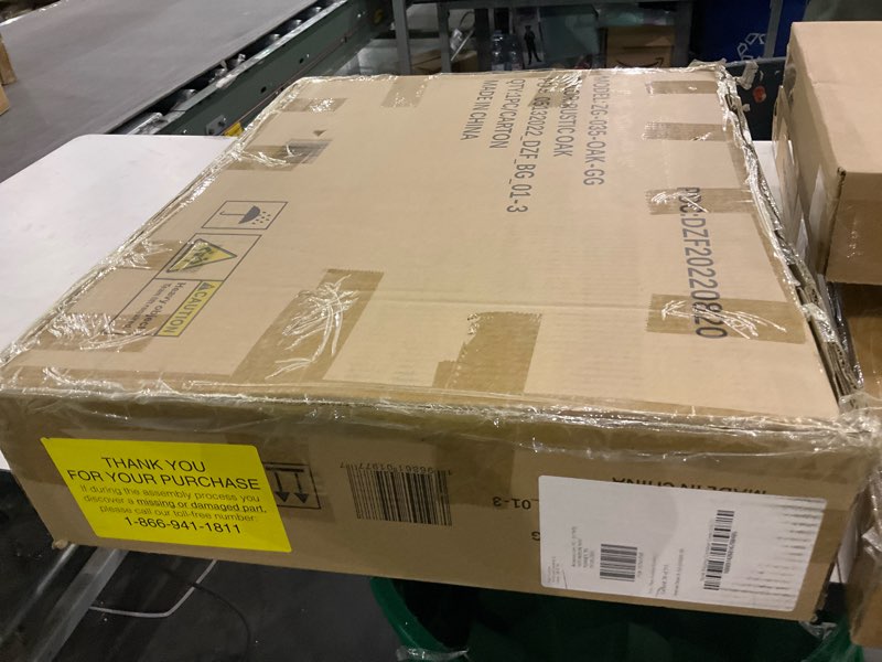 Condition photo showing As Is for Flash Furniture Wyatt Modern Farmhouse 3 Tier Side Table - Rustic Oak Engineered Wood Frame - Black Metal Crisscross Side Braces and Corner Accents