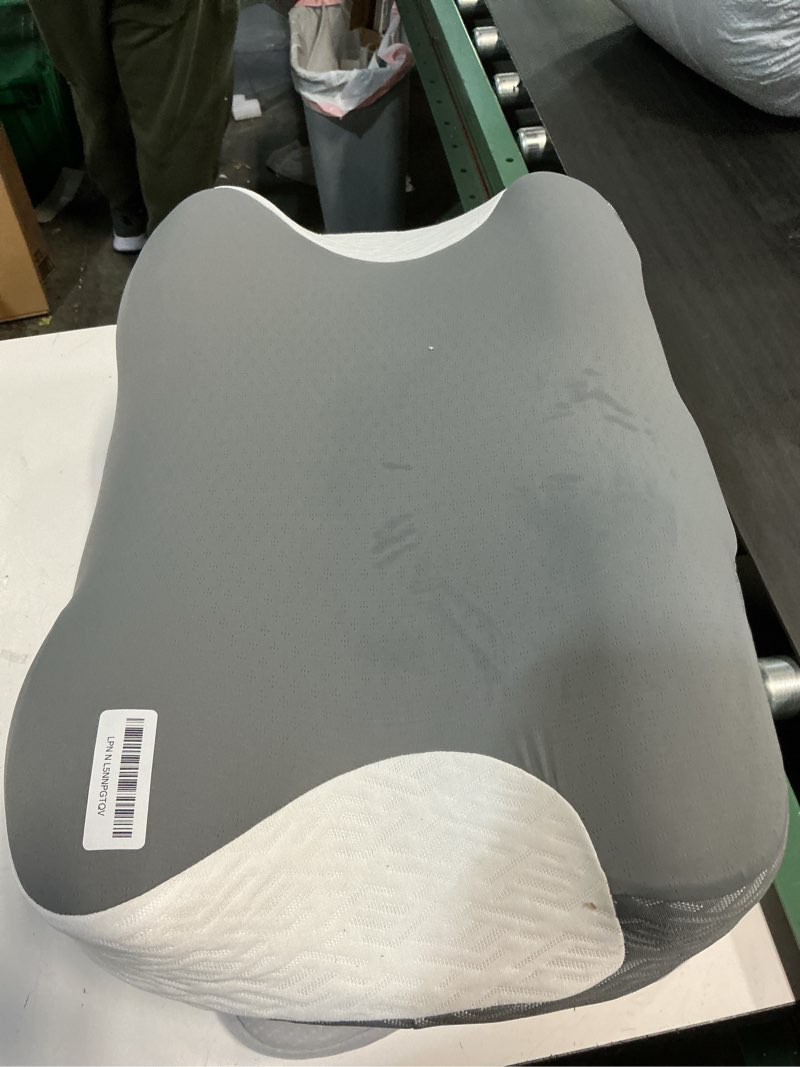 Condition photo showing As Is for Elviros Cervical Neck Pillow for Neck Pain Relief, CPAP Pillow for Side, Back & Stomach Sleepers, Ergonomic Orthopedic Pillow for CPAP Users to Reduce Air Leaks and Mask Pressure, Dark Grey Dark Grey 23.6"L x16.26"W x4.3/3.3"H