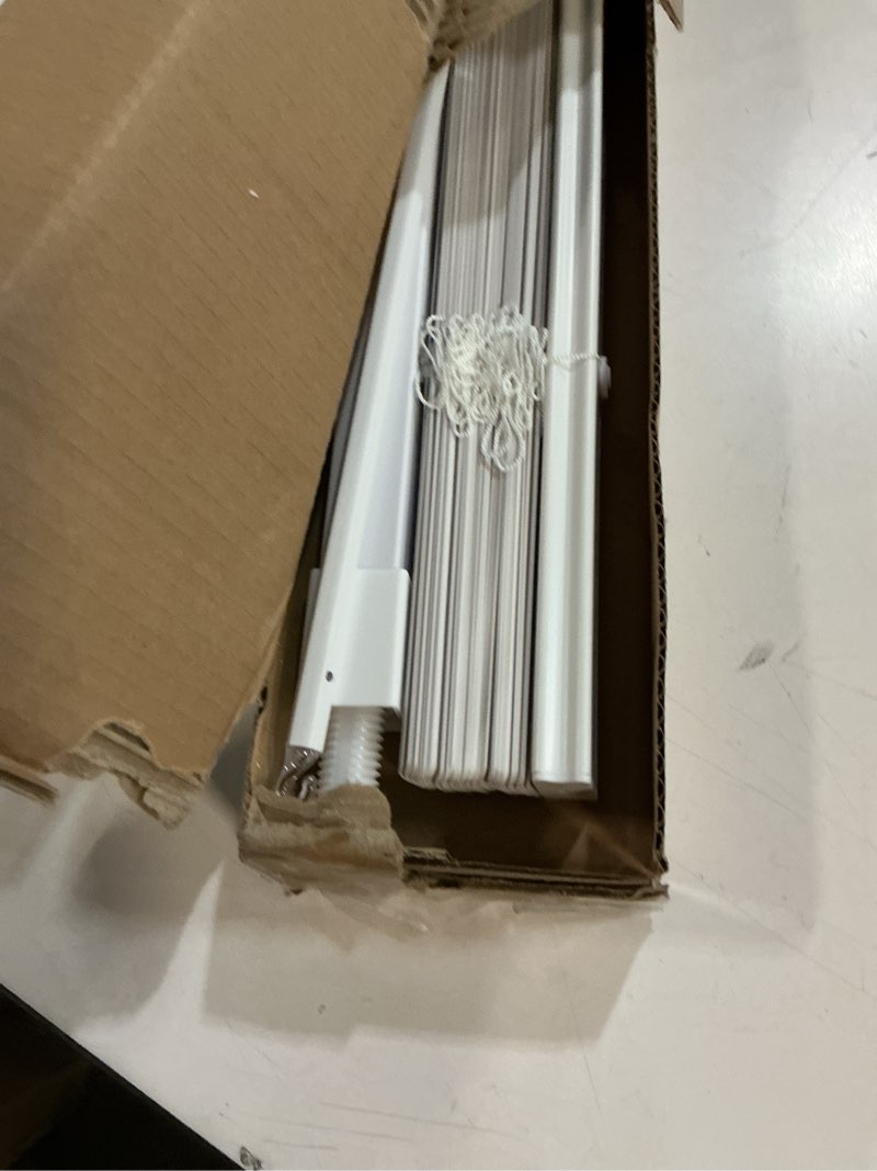 Condition photo showing As Is for lazblinds no tools no drill 1" vinyl mini blinds, cordless blinds for windows, light filtering horizontal window blinds & shades, 28" w x 64" h, white cordless-white 28" w x 64" h