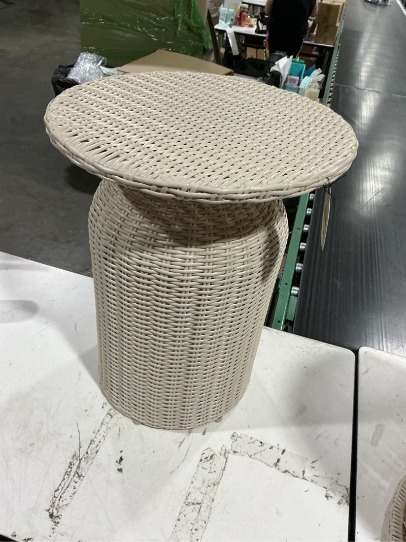 Condition photo showing New/Like New for 21.65" all-weather wicker round monochromatic outdoor patio bistro table tan - threshold™