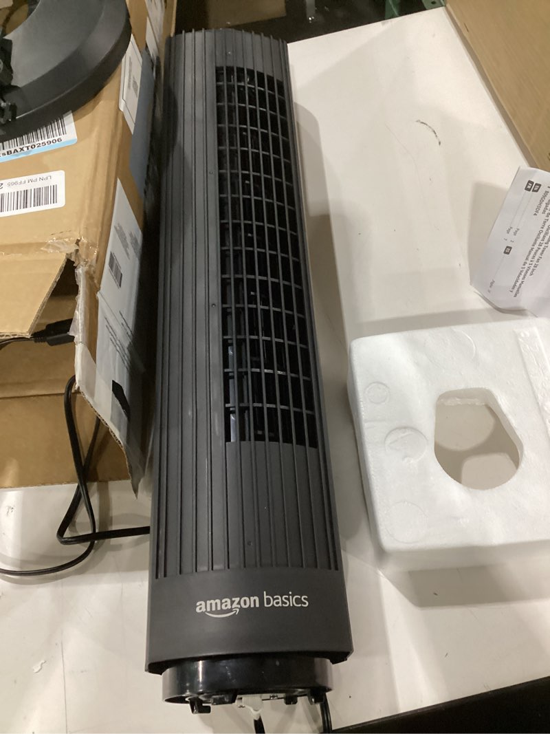 Condition photo showing Good Condition for amazon basics 28" 60-degree oscillating tower fan for bedroom, living room, office, with 3 speeds, intuitive mechanical control, black, 35w, 27.8"h x 9.4"d x 9.4"w 28" - mechanical control