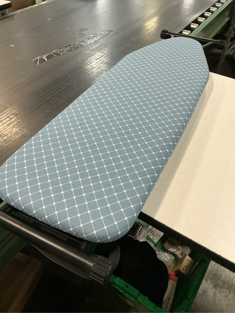 Condition photo showing As Is for bktd compact ironing board 13 x 43, iron board with heat resistant surface, adjustable height, space saving table with hook & iron rest for home & laundry room, diagonal checkered blue