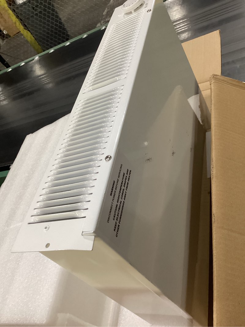 Condition photo showing Good Condition for model 112 electric kickspace heater with built-in thermostat, 1500w toe kick heater, suitable for cabinet, vanity, and stairwell kick spaces, white