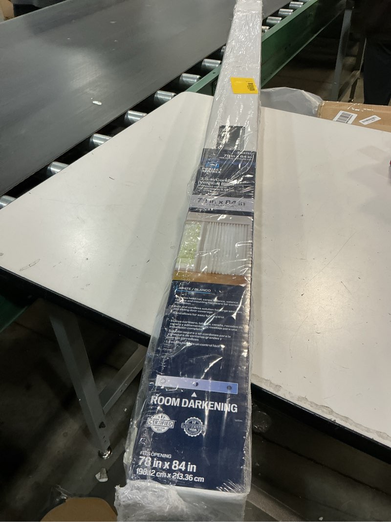 Condition photo showing Good Condition for project source room darkening vertical 3.5-in slat width 78-in x 84-in cordless white vinyl room darkening vertical blinds